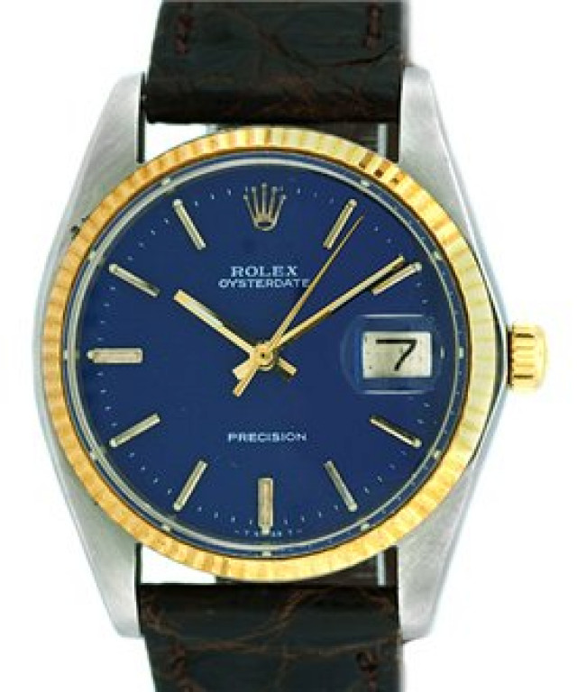 Rolex 6694 Yellow Gold & Steel on Strap, Fluted Bezel Blue with Gold Index